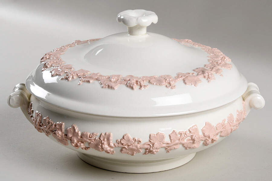 Pink On Cream Color (Plain edge) Round Covered Vegetable by Wedgwood-1