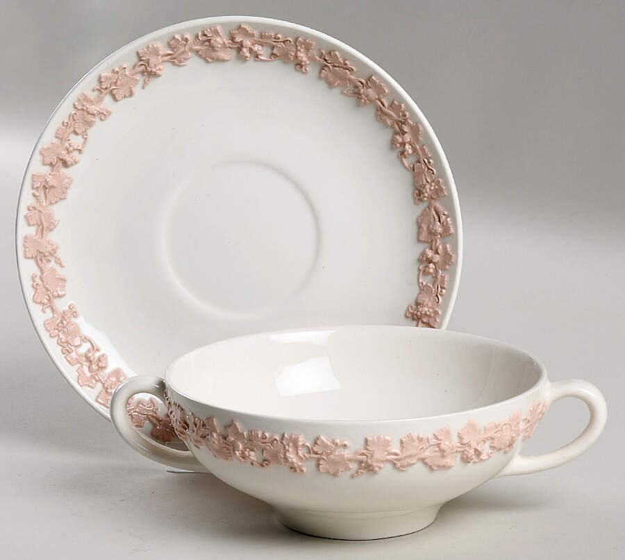 Pink On Cream Color (Plain edge) Flat Cream Soup Bowl & Saucer Set by Wedgwood-1