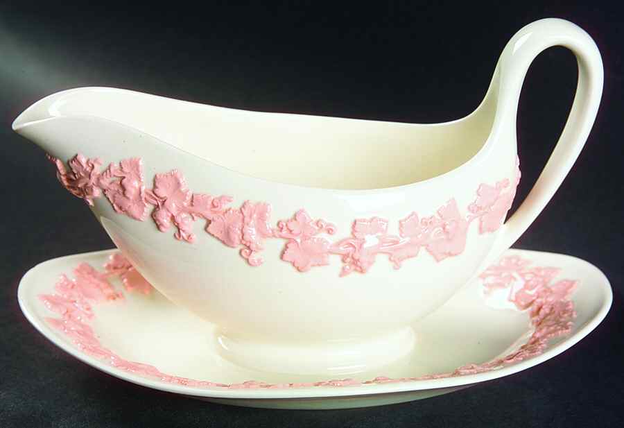Pink On Cream Color (Plain edge) Gravy Boat with Attached Underplate by Wedgwood-1