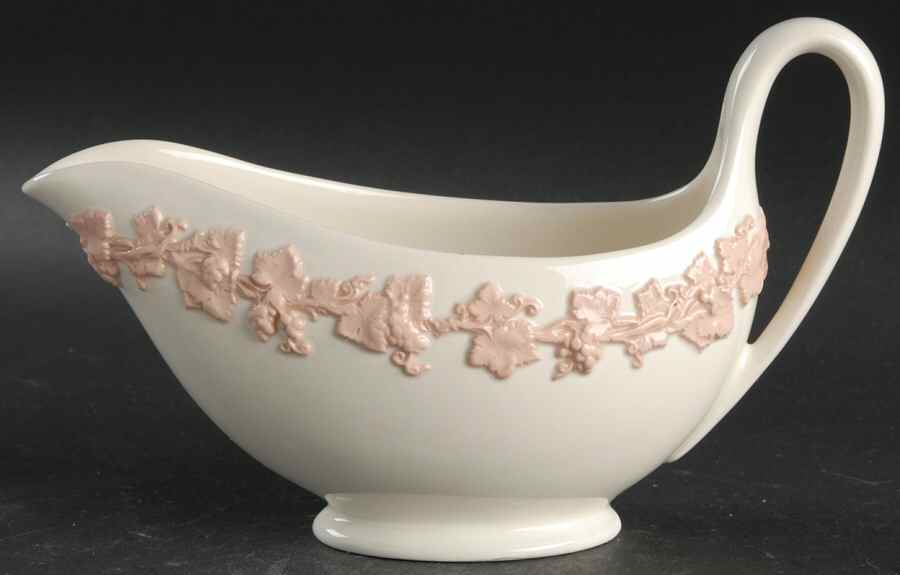 Pink On Cream Color (Plain edge) Gravy Boat by Wedgwood-1