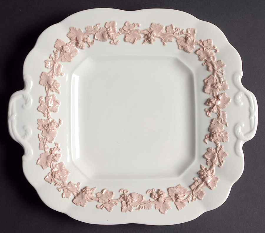 Pink On Cream Color (Plain edge) Square Handled Cake Plate by Wedgwood-1