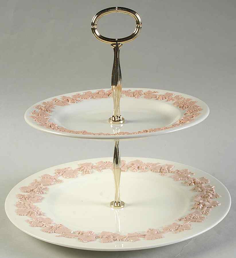 Pink On Cream Color (Plain edge) 6 5/8"-10"  2 Tiered Serving Tray (Dp, Sp) HC by Wedgwood-1