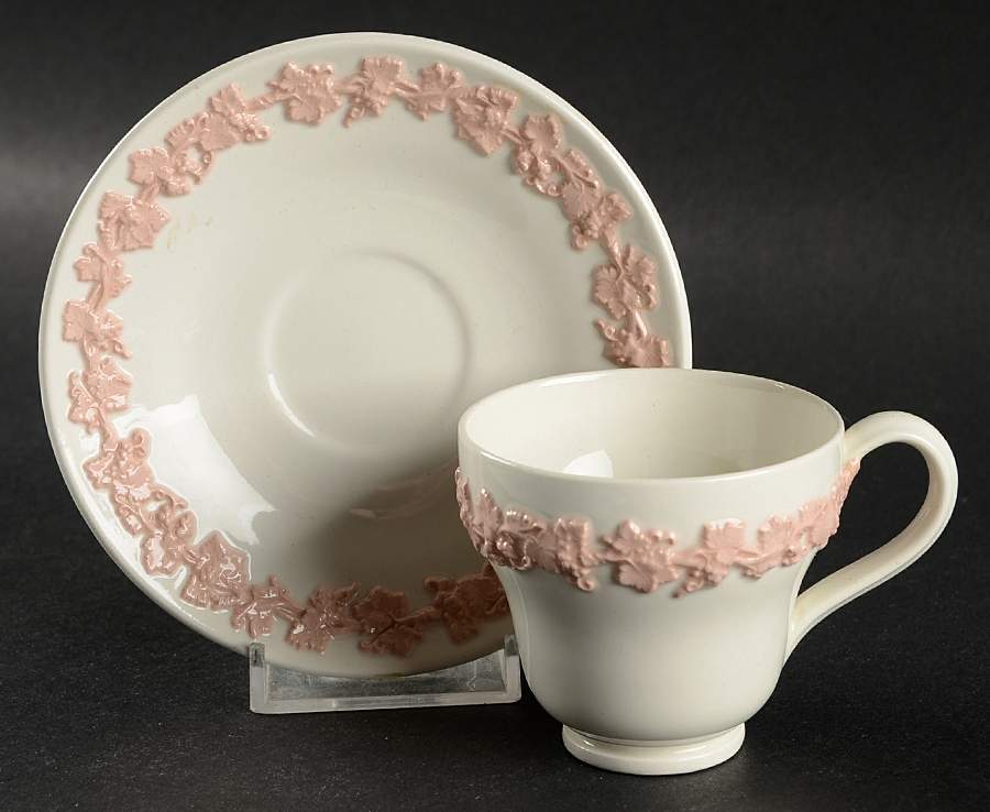 Pink On Cream Color (Plain edge) Footed Demitasse Cup & Saucer Set by Wedgwood-1