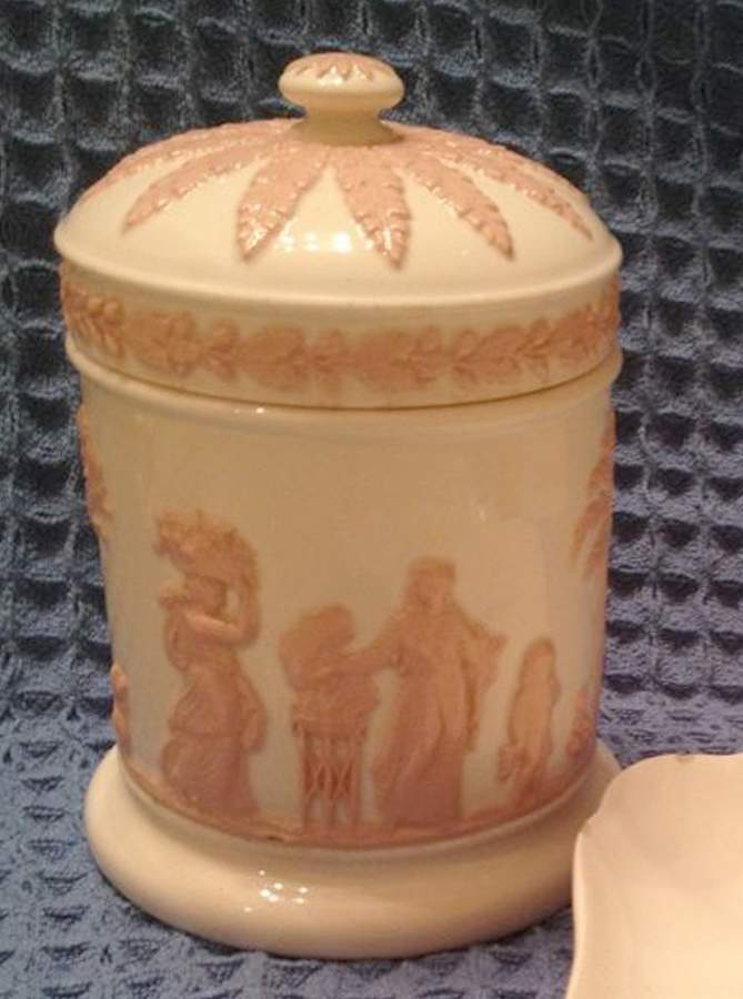 Pink On Cream Color (Plain edge) Cigarette Jar & Lid by Wedgwood-1