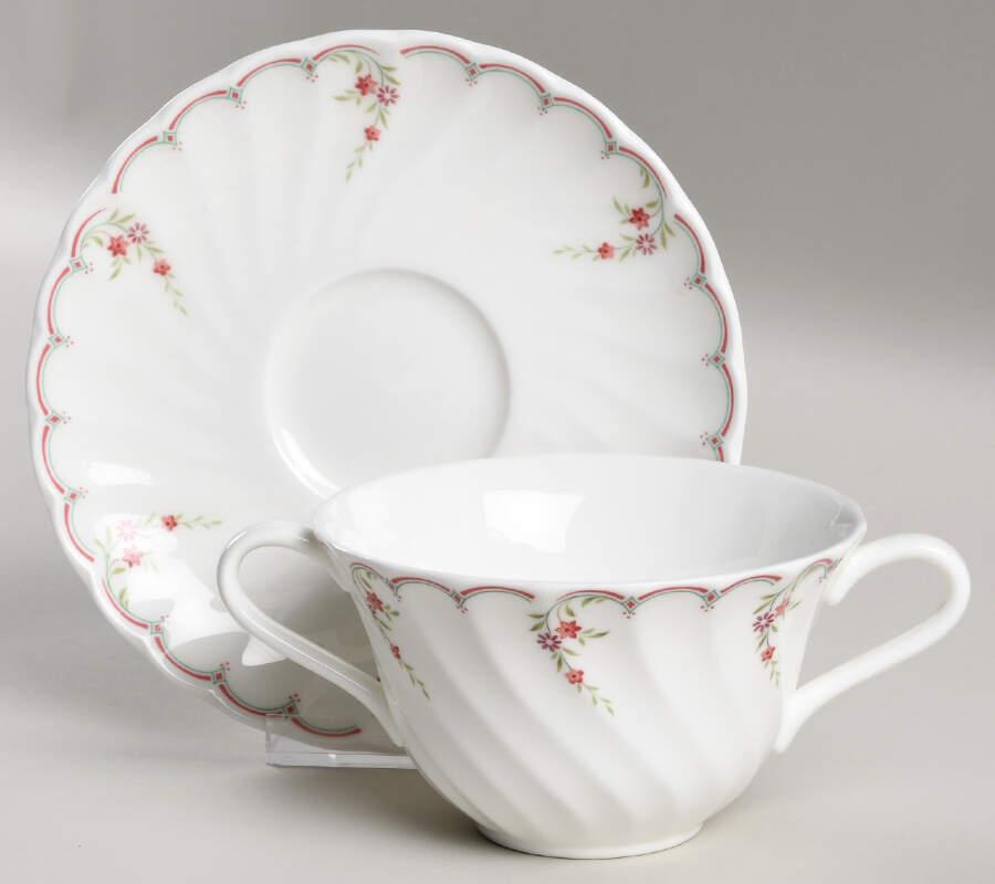 Pink Garland Flat Cream Soup Bowl & Saucer Set by Wedgwood-1