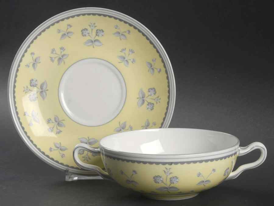 Pimpernel Yellow (Gray Trim) Flat Cream Soup Bowl & Saucer Set by Wedgwood-1