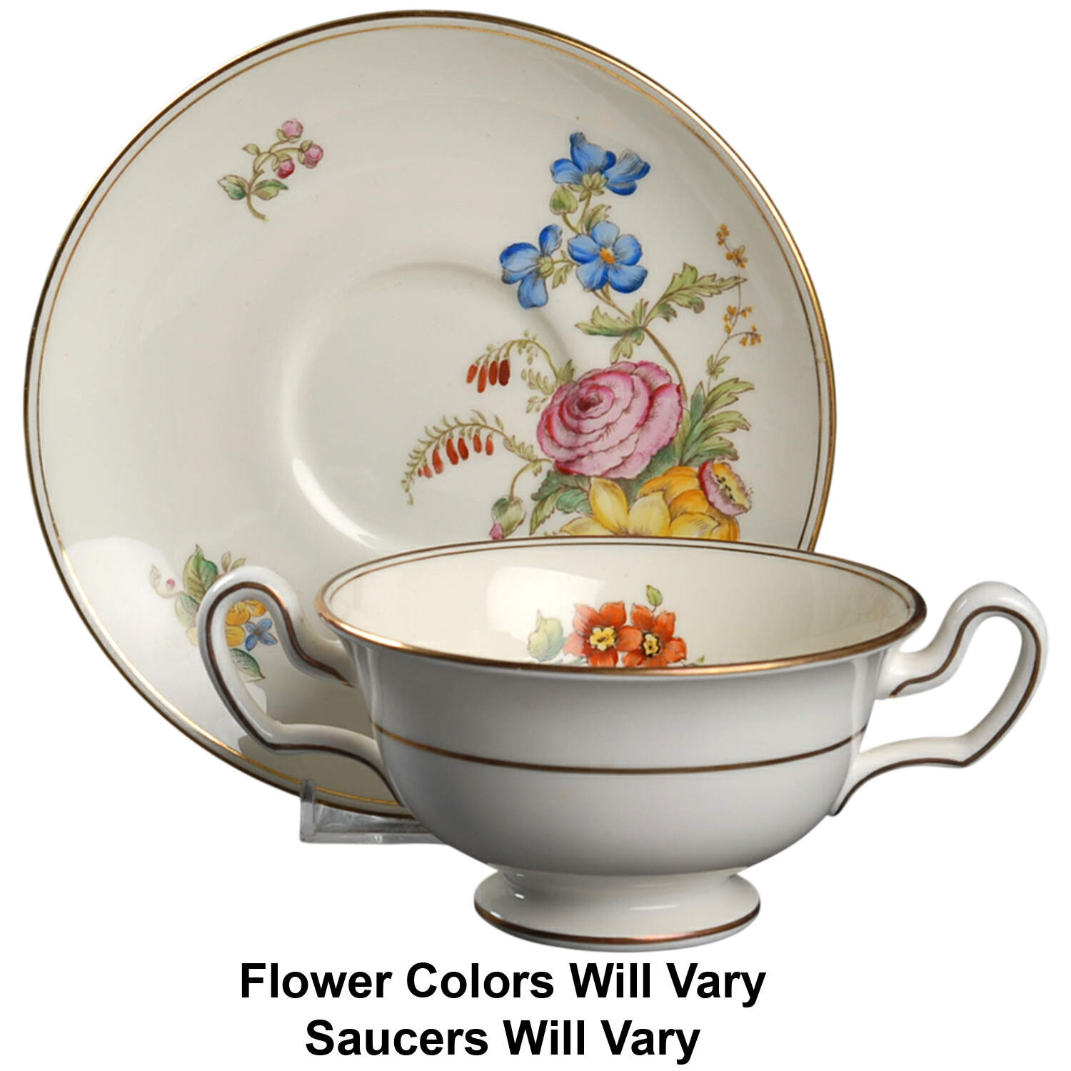 Posy Sprays White Rim Footed Cream Soup Bowl & Saucer Set by Wedgwood-1