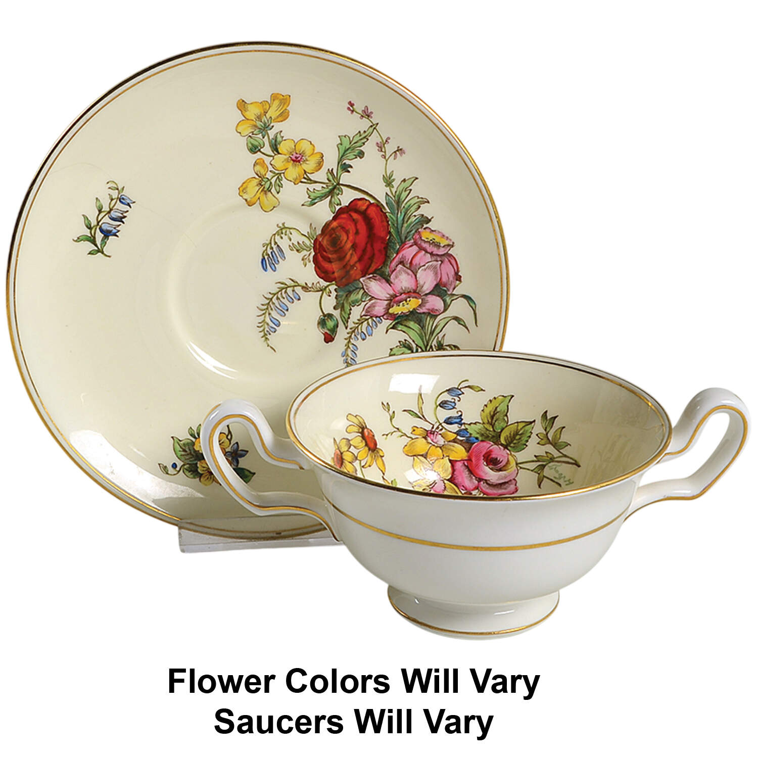 Posy Sprays White Rim Footed Cream Soup Bowl & Saucer Set by Wedgwood-1