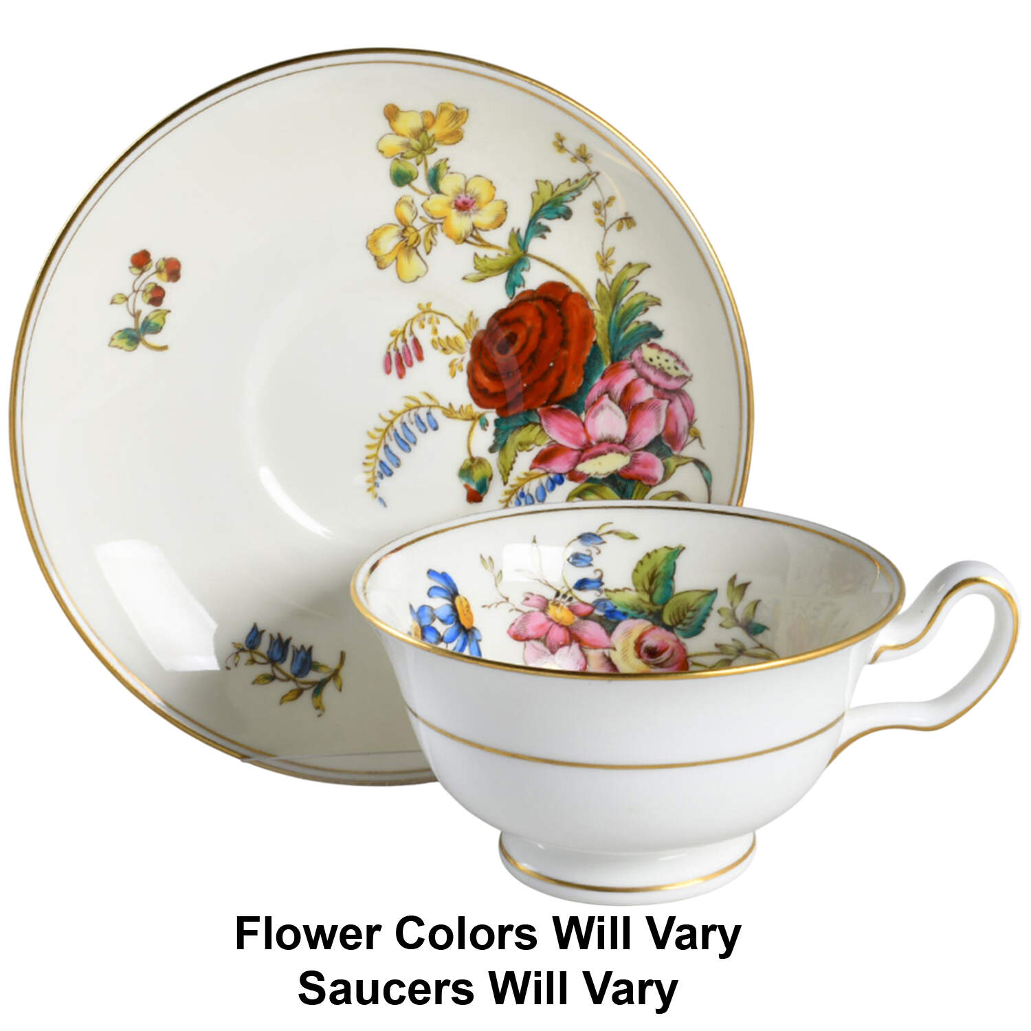 Posy Sprays White Rim Peony Shape Footed Cup & Saucer Set by Wedgwood-1