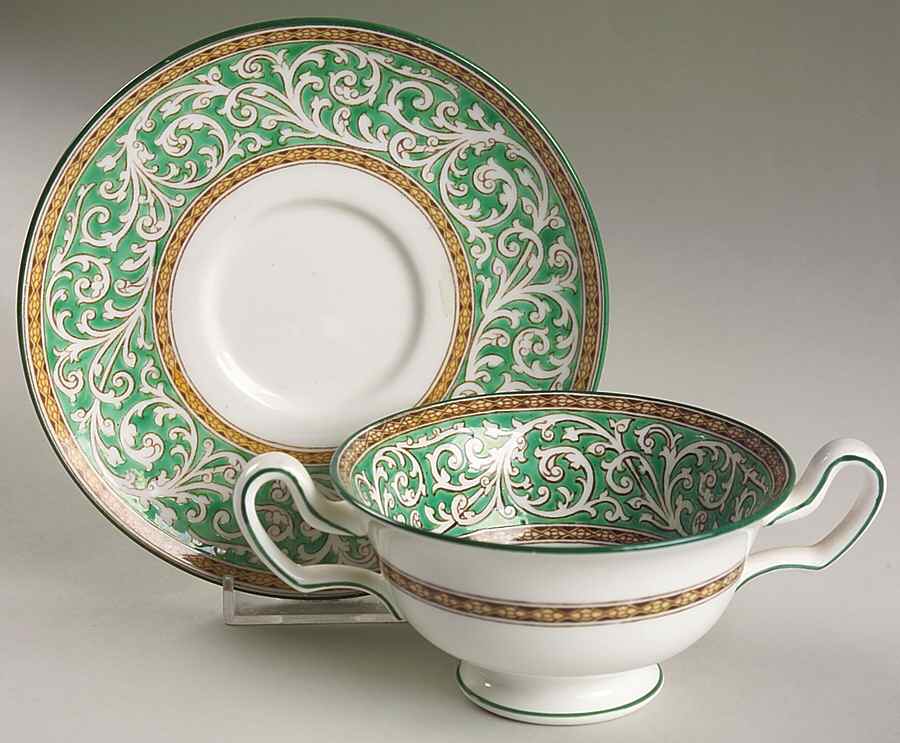 Praze Green (No Floral Center) Footed Cream Soup Bowl & Saucer Set by Wedgwood-1