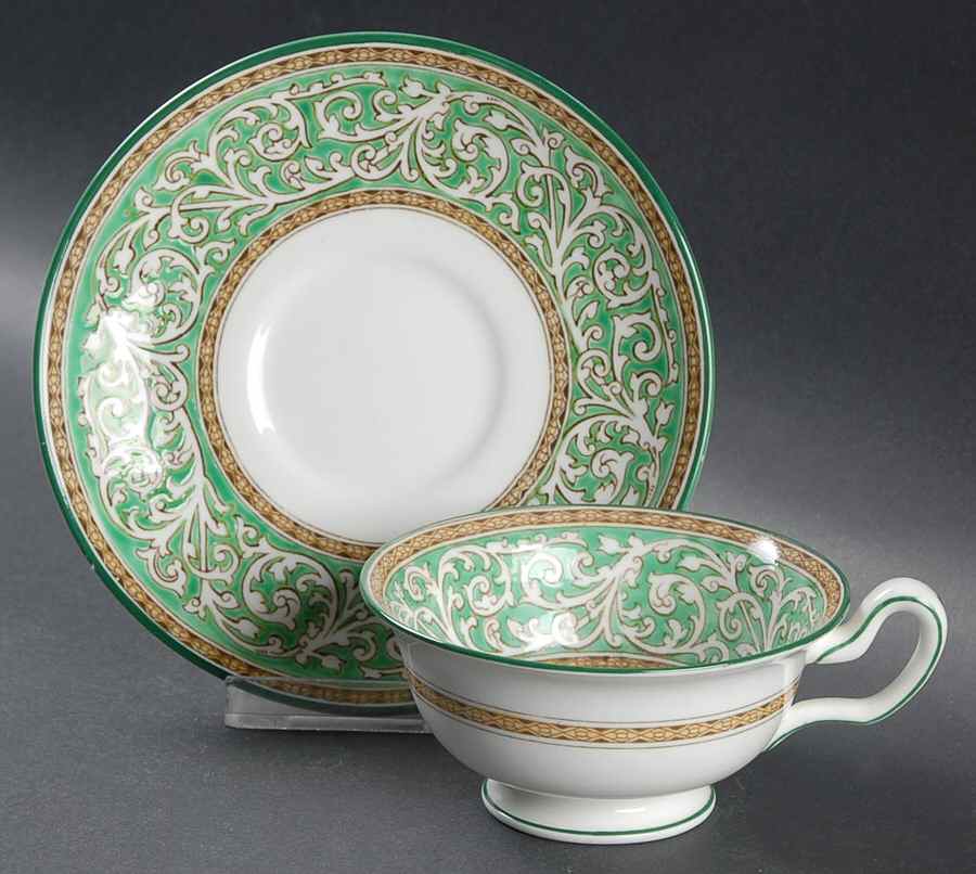 Praze Green (No Floral Center) Footed Cup & Saucer Set by Wedgwood-1