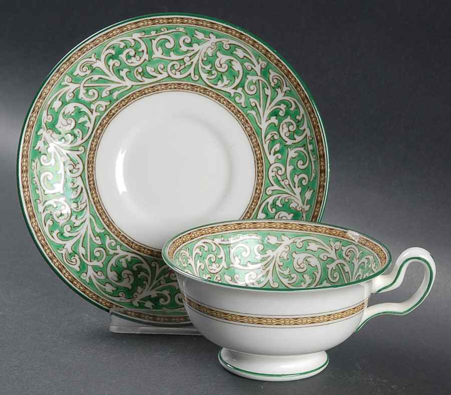 Praze Green (No Floral Center) Footed Cup & Saucer Set by Wedgwood-1