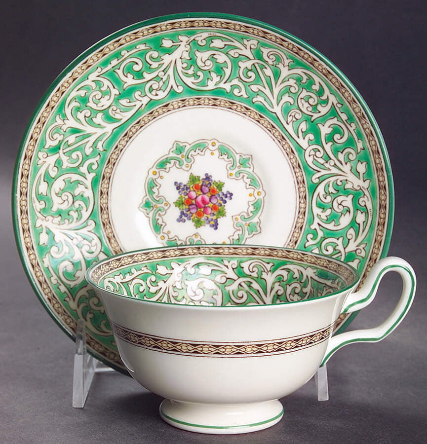 Praze Green (Floral Center) Footed Cup & Saucer Set by Wedgwood-1