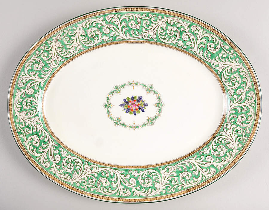 Praze Green (Floral Center) 15" Oval Serving Platter by Wedgwood-1