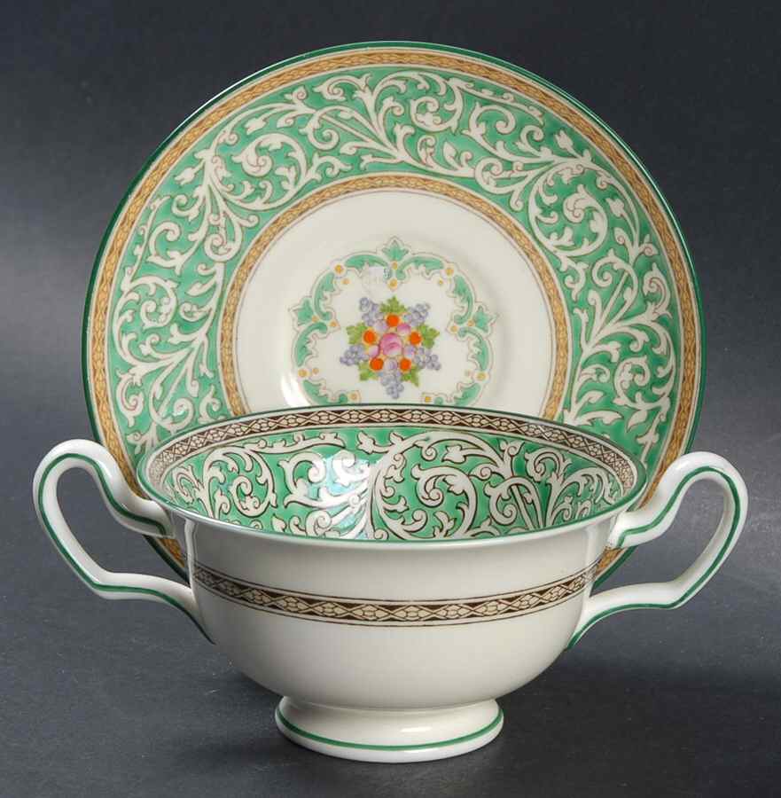 Praze Green (Floral Center) Footed Bouillon Cup & Saucer by Wedgwood-1