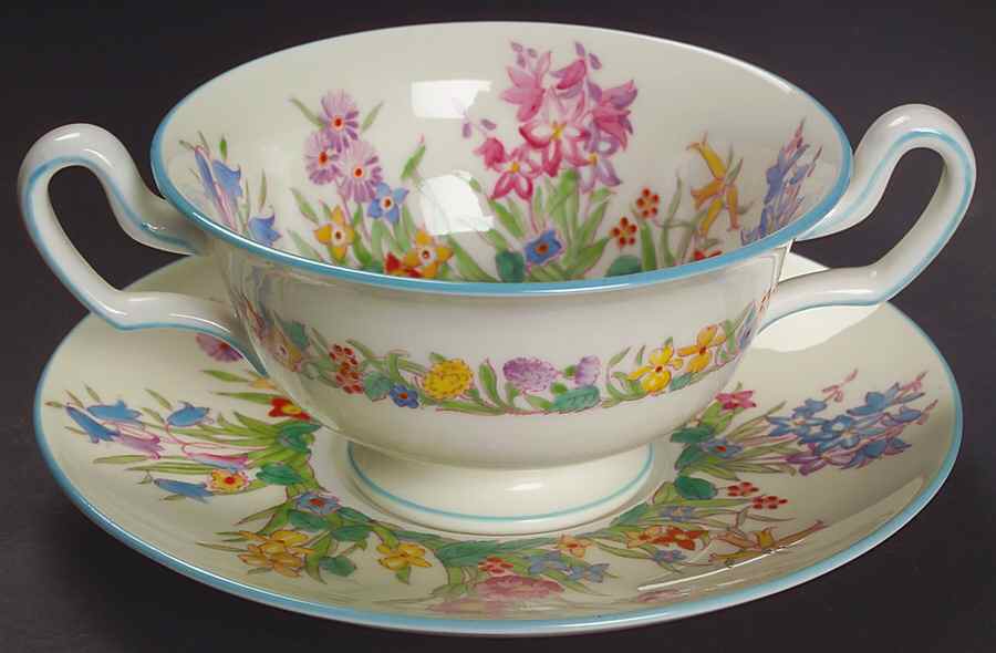 Prairie Flowers Footed Cream Soup Bowl & Saucer Set by Wedgwood-1