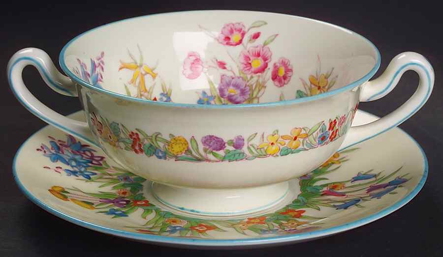 Prairie Flowers Footed Cream Soup Bowl & Saucer Set by Wedgwood-1