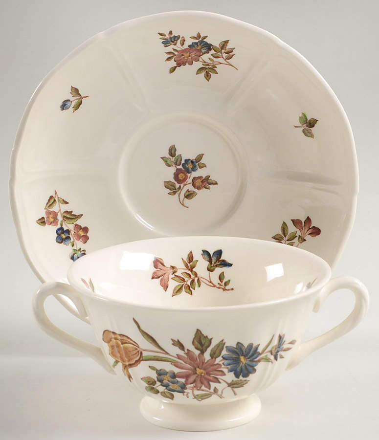 Queens Sprays Footed Cream Soup Bowl & Saucer Set by Wedgwood-1