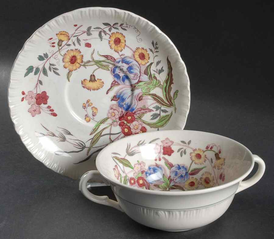 Ranunculus Multicolor Footed Cream Soup Bowl & Saucer Set by Wedgwood-1