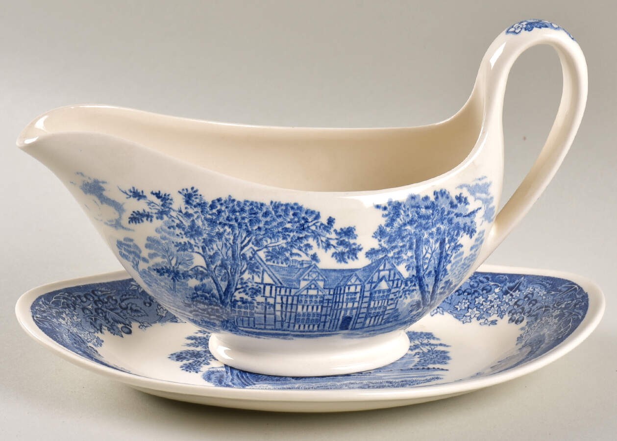 Romantic England Blue Gravy Boat & Underplate/Relish by Wedgwood-1