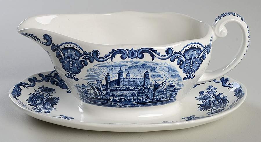 Royal Homes of Britain Blue Gravy Boat with Attached Underplate by Wedgwood-1