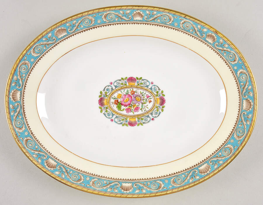 Runnymede Turquoise (Brown Shells, Floral Center) 11" Oval Serving Platter by Wedgwood-1