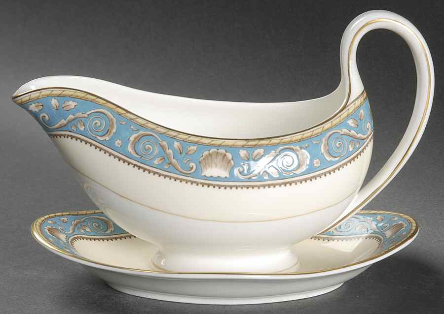 Runnymede Turquoise (Brown Shells, Floral Center) Gravy Boat with Attached Underplate by Wedgwood-1