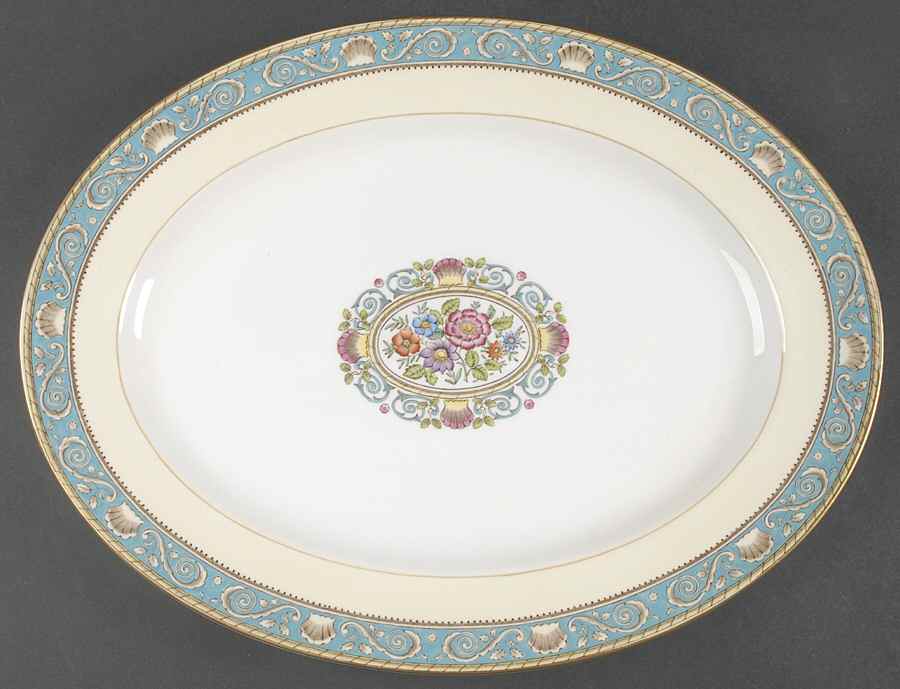 Runnymede Turquoise (Brown Shells, Floral Center) 15" Oval Serving Platter by Wedgwood-1