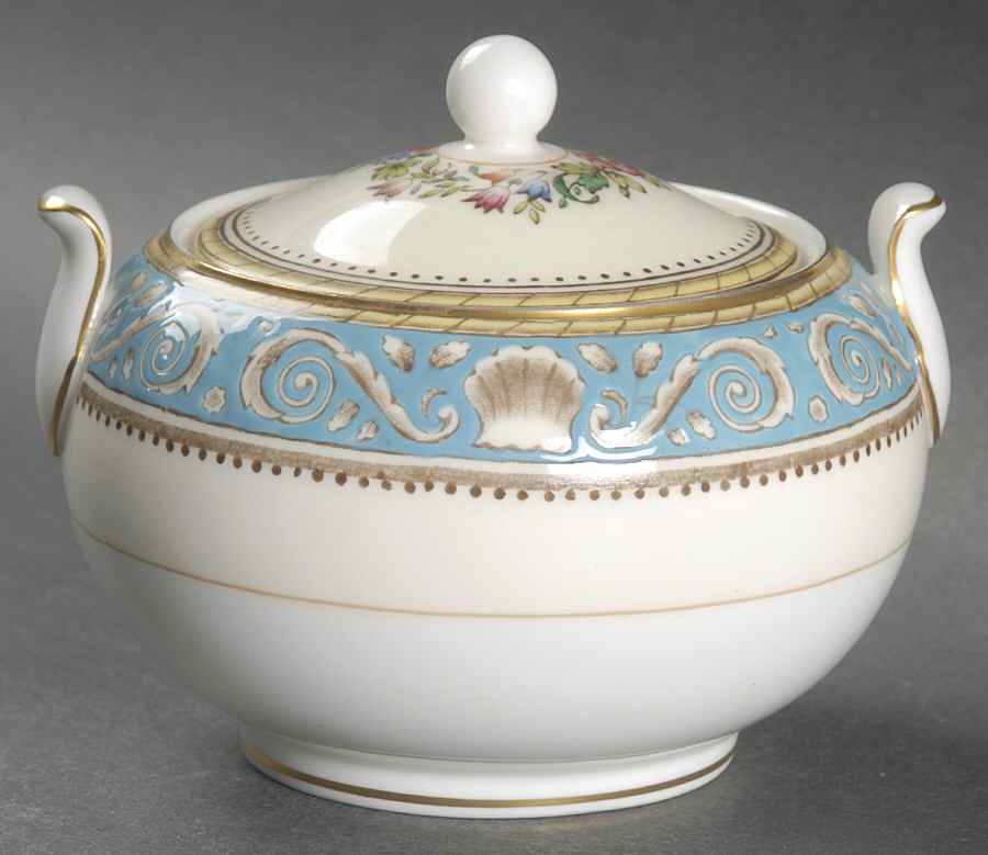 Runnymede Turquoise (Brown Shells, Floral Center) 146 Shape Sugar Bowl & Lid by Wedgwood-1