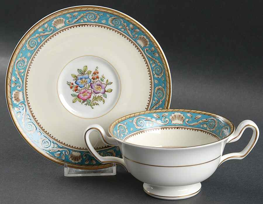 Runnymede Turquoise (Brown Shells, Floral Center) Footed Cream Soup Bowl & Saucer Set by Wedgwood-1