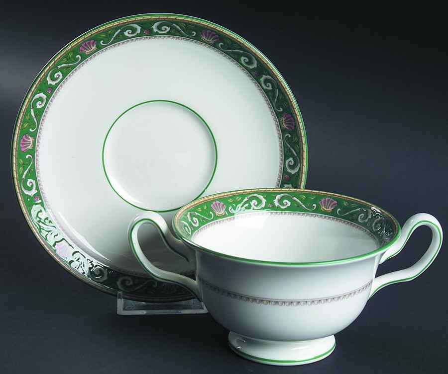 Runnymede Green Footed Cream Soup Bowl & Saucer Set by Wedgwood-1