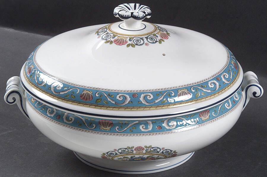 Runnymede Turquoise (Pink Shells, Floral Center) Round Covered Vegetable by Wedgwood-1
