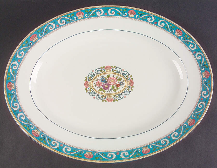 Runnymede Turquoise (Pink Shells, Floral Center) 17" Oval Serving Platter by Wedgwood-1