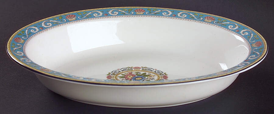 Runnymede Turquoise (Pink Shells, Floral Center) 11" Oval Vegetable Bowl by Wedgwood-1