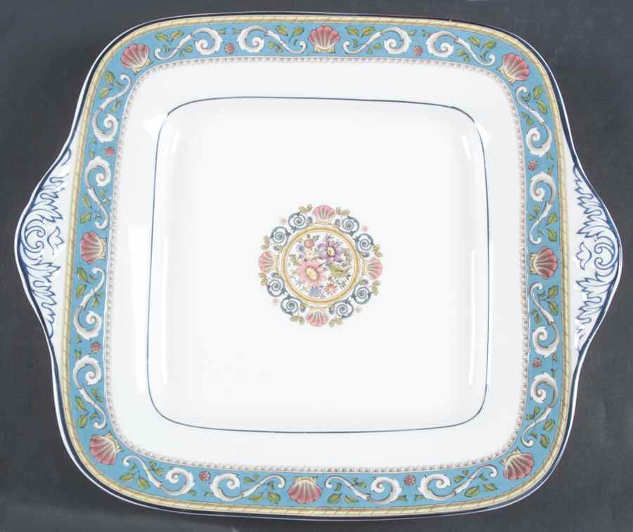 Runnymede Turquoise (Pink Shells, Floral Center) Handled Cake Plate by Wedgwood-1