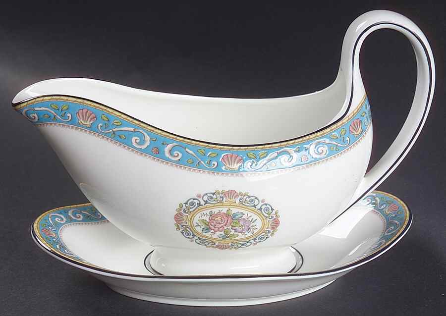 Runnymede Turquoise (Pink Shells, Floral Center) Gravy Boat & Underplate by Wedgwood-1