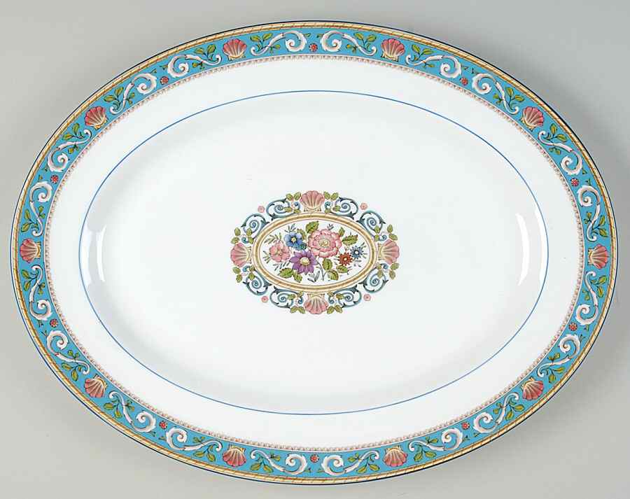 Runnymede Turquoise (Pink Shells, Floral Center) 15" Oval Serving Platter by Wedgwood-1