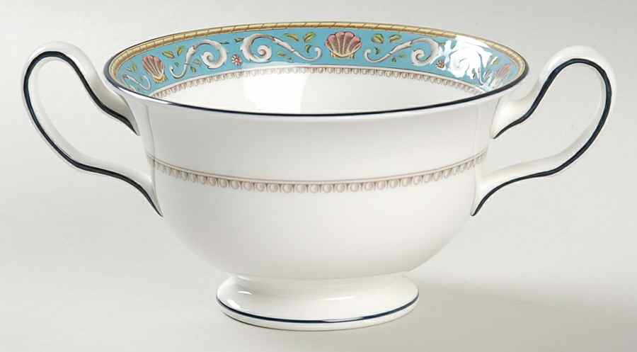 Runnymede Turquoise (Pink Shells, Floral Center) Footed Cream Soup Bowl by Wedgwood-1
