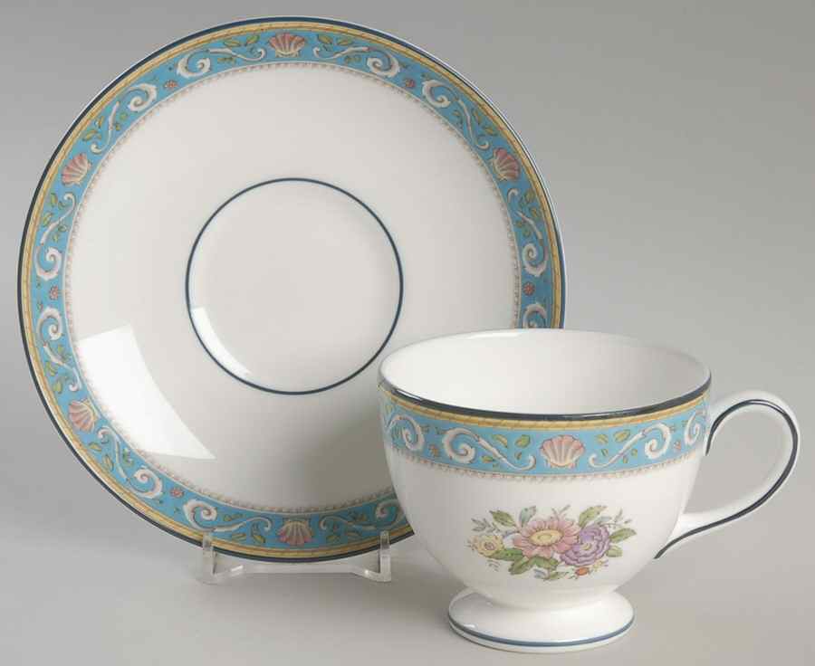 Runnymede Turquoise (Pink Shells, Floral Center) Footed Cup & Saucer Set by Wedgwood-1