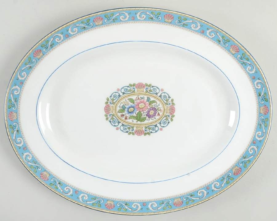 Runnymede Turquoise (Pink Shells, Floral Center) 13" Oval Serving Platter by Wedgwood-1