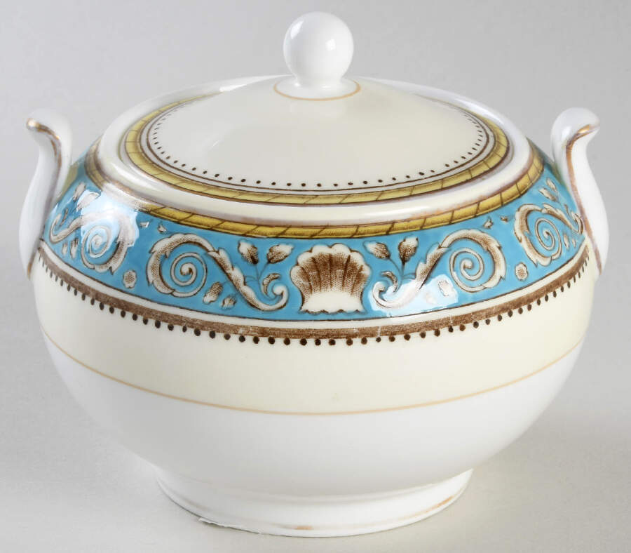 Runnymede Turquoise (Brown Shells, No Center) 146 Shape Sugar Bowl & Lid by Wedgwood-1