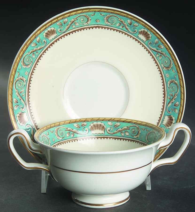 Runnymede Turquoise (Brown Shells, No Center) Footed Cream Soup Bowl & Saucer Set by Wedgwood-1
