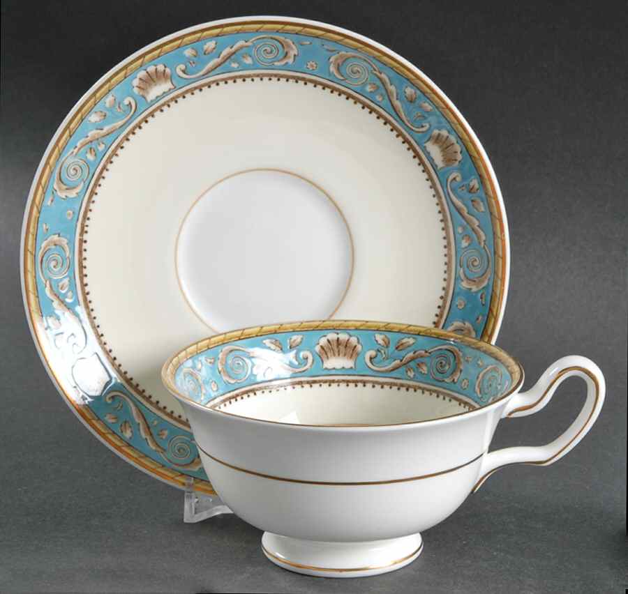 Runnymede Turquoise (Brown Shells, No Center) Footed Cup & Saucer Set by Wedgwood-1