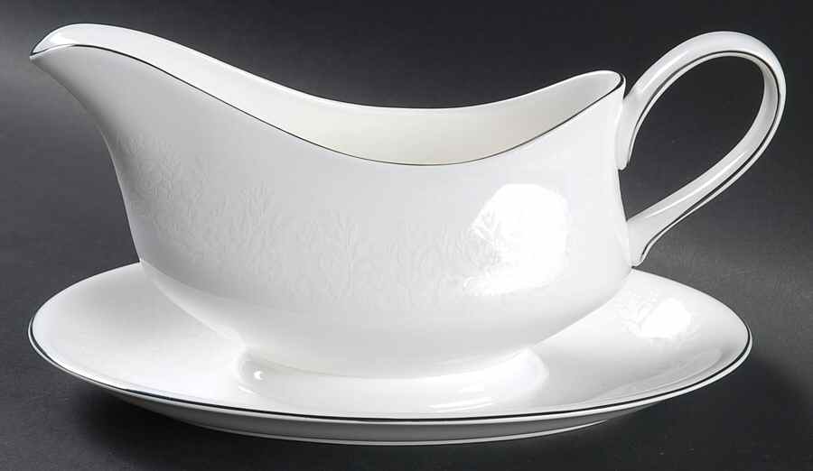 Silver Ermine (R4452, Contour Shape) Gravy Boat with Attached Underplate by Wedgwood-1