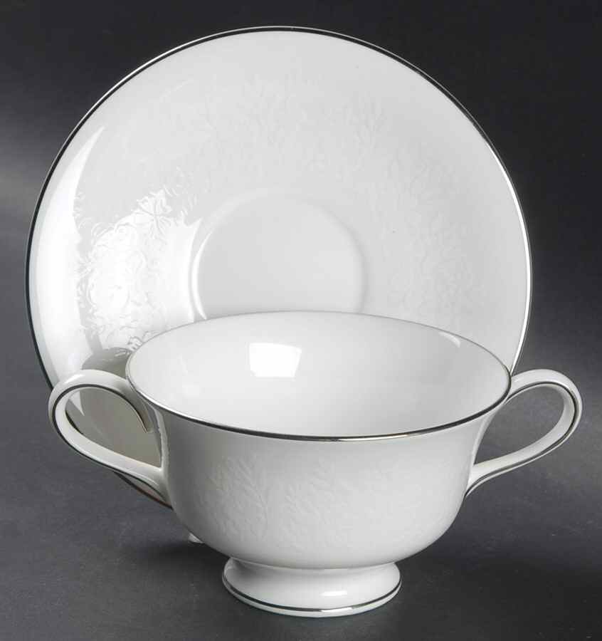 Silver Ermine (R4452, Contour Shape) Footed Cream Soup Bowl & Saucer Set by Wedgwood-1