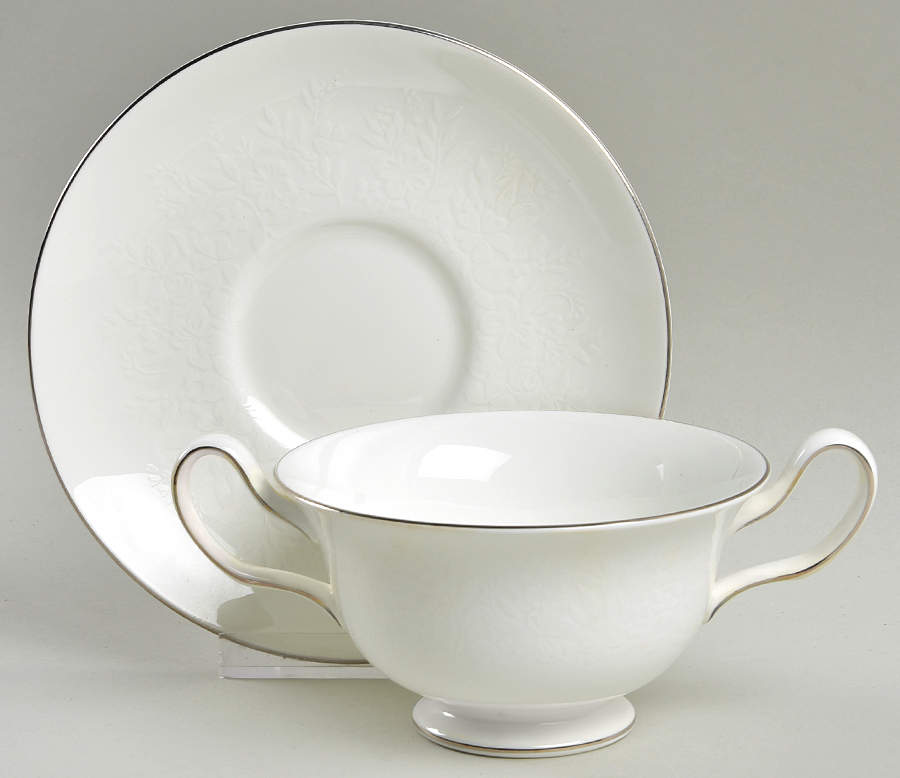 Silver Ermine (R4452, Traditional Shape) Footed Cream Soup Bowl & Saucer Set by Wedgwood-1