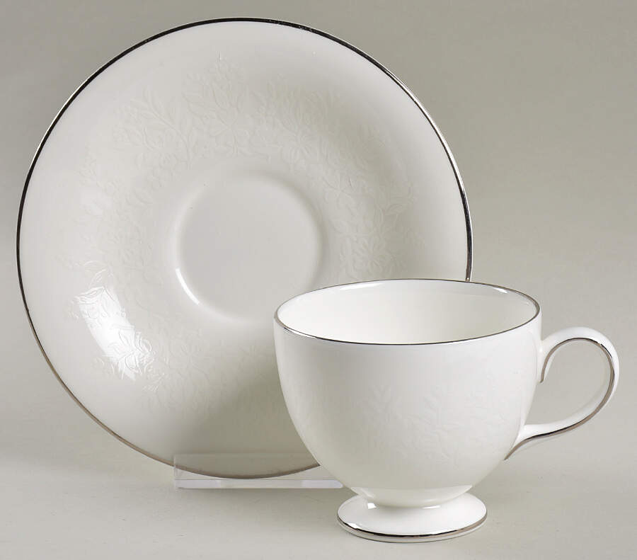 Silver Ermine (R4452, Traditional Shape) Leigh Shape Footed Cup & Saucer Set by Wedgwood-1