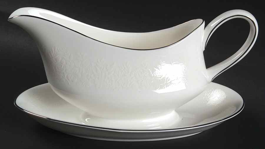 Silver Ermine (R4452, Traditional Shape) Gravy Boat with Attached Underplate by Wedgwood-1