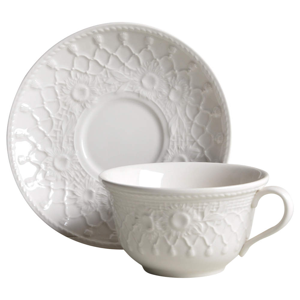 Sunflowers (White Embossed) Flat Cup & Saucer Set by Wedgwood-1