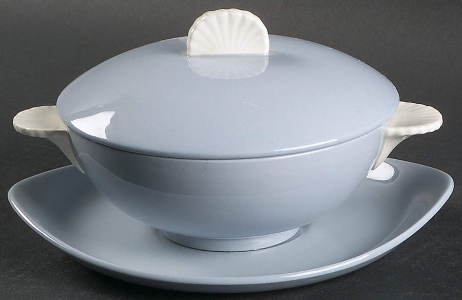Summer Sky Blue and White (Barlaston Shape) Cream Soup Bowl & Saucer Set with Lid by Wedgwood-1